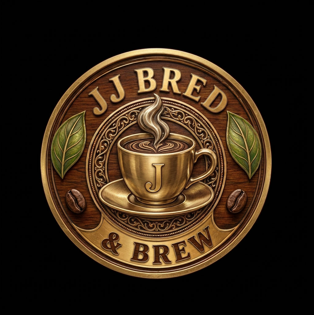 The JJ Bred & Brew circular gold coffee cup logo — remove all background, grid lines, surrounding text ("90% Coffee", "10% Human"), and decorative elements. Keep only the circular badge logo itself with transparent background.